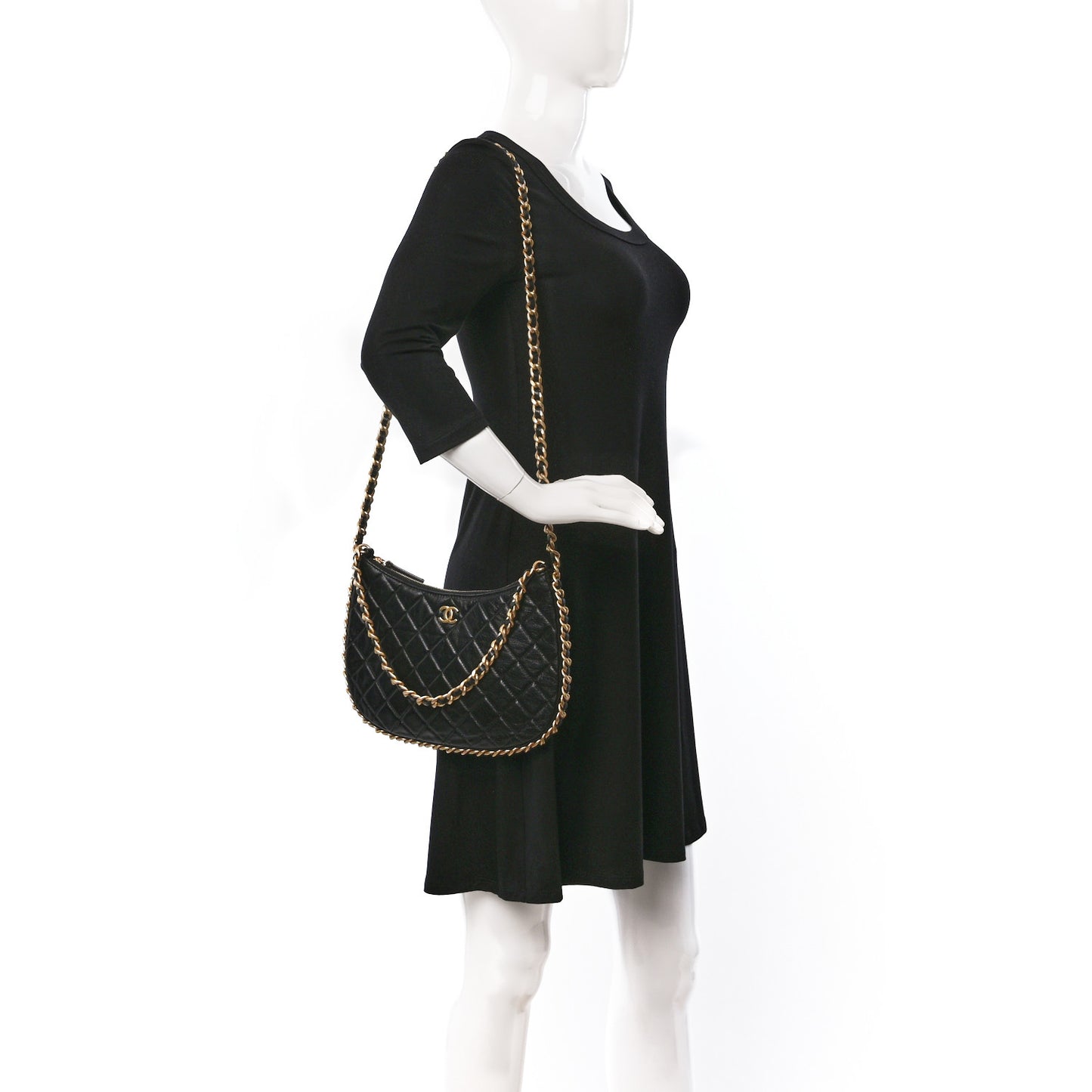 Shiny Crumpled Lambskin Quilted Large Trendy Chain Around Hobo Black