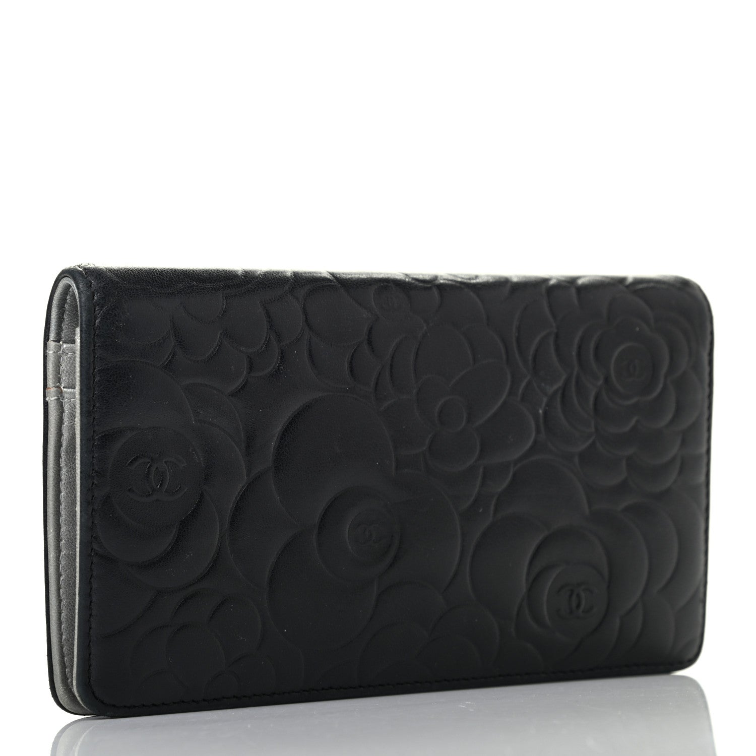Chanel Lambskin Camellia Embossed Yen Wallet Black 5 of 16