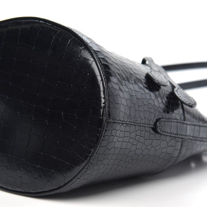 Alaia Calfskin Crocodile Embossed Drawstring Bucket Bag Black 7 of 8