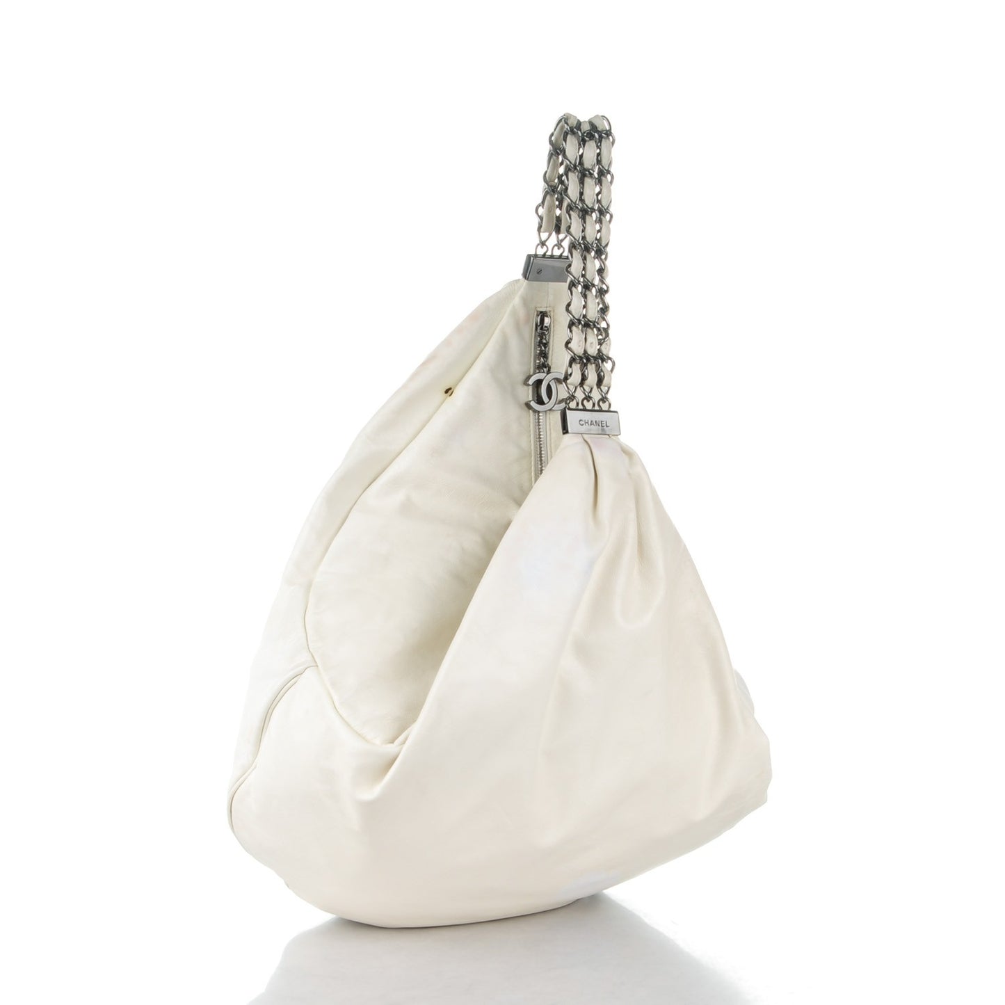 Lambskin Large Rock and Chain Hobo White