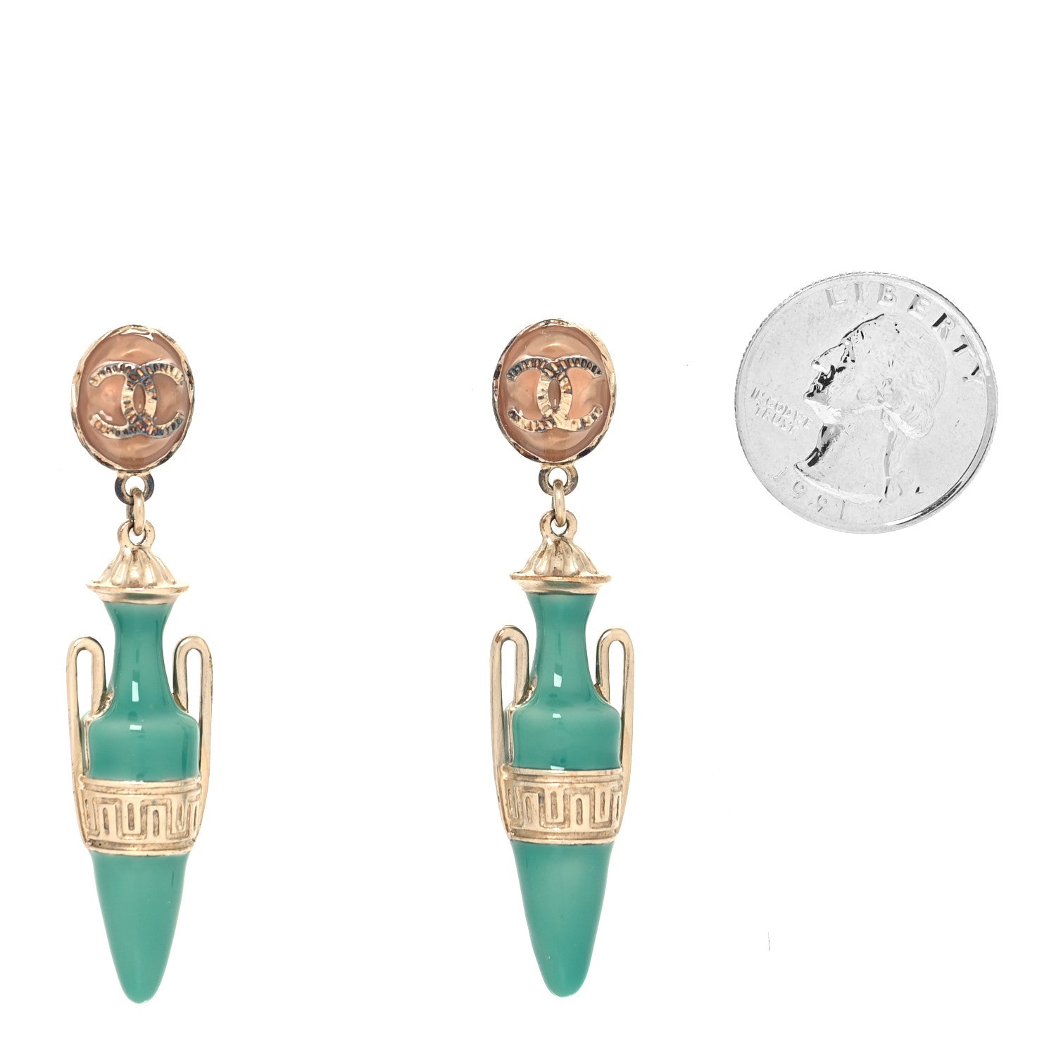 Chanel Metal Resin Ancient Greek Urn Drop Earrings Light Gold Turquoise 2 of 4
