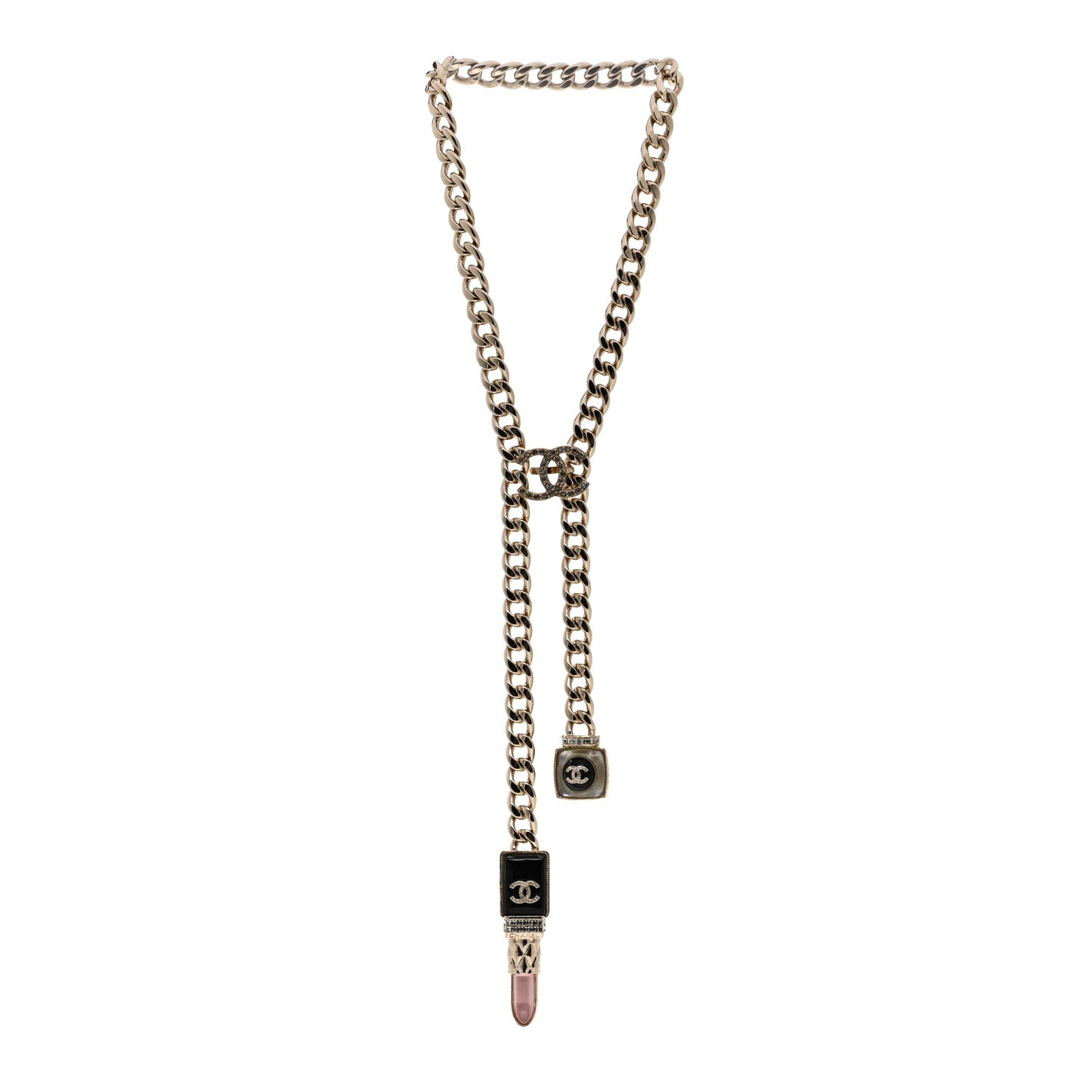 Metal Strass Pearl Lipstick Necklace Pink Gold
