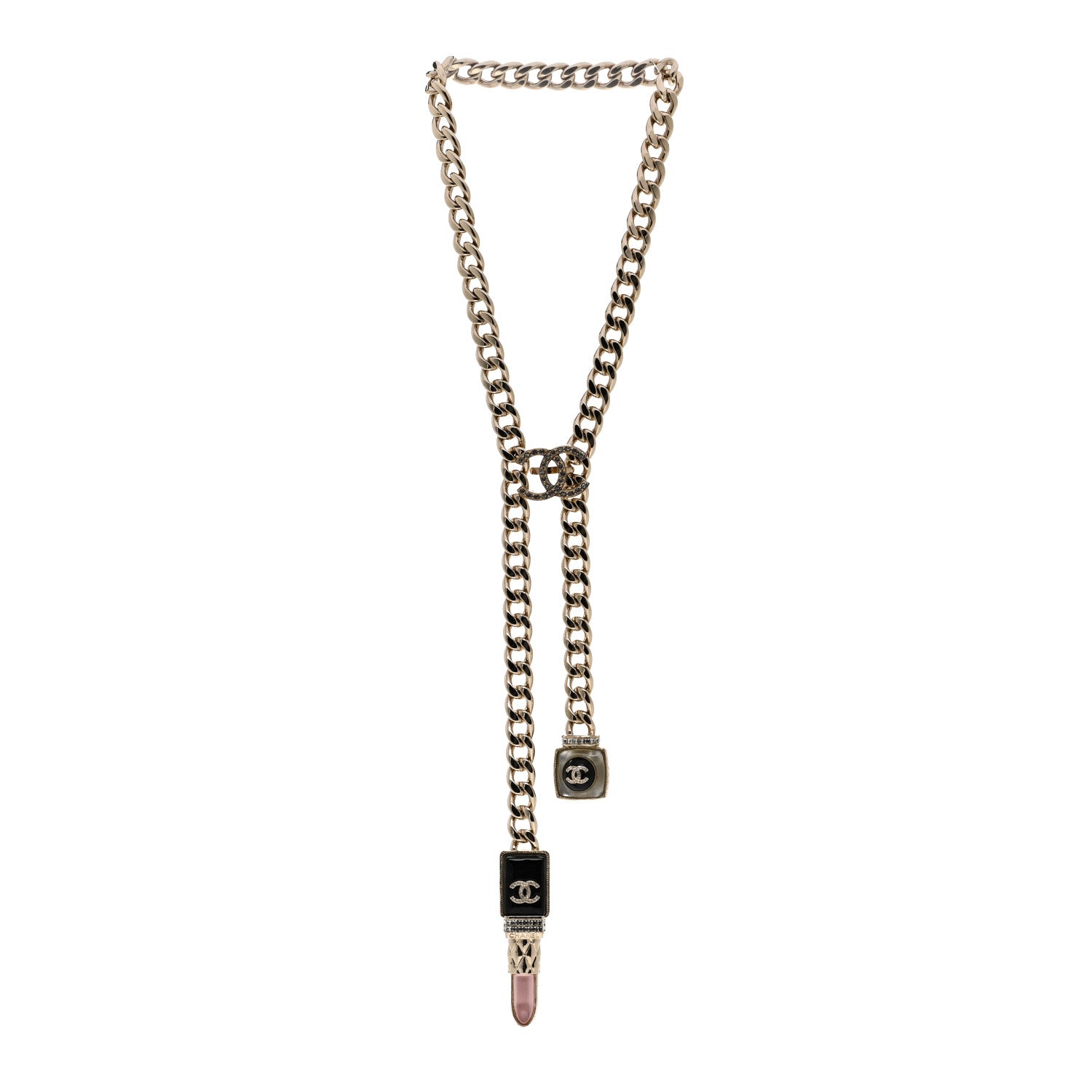 Chanel Metal Strass Pearl Lipstick Necklace Pink Gold 3 of 8
