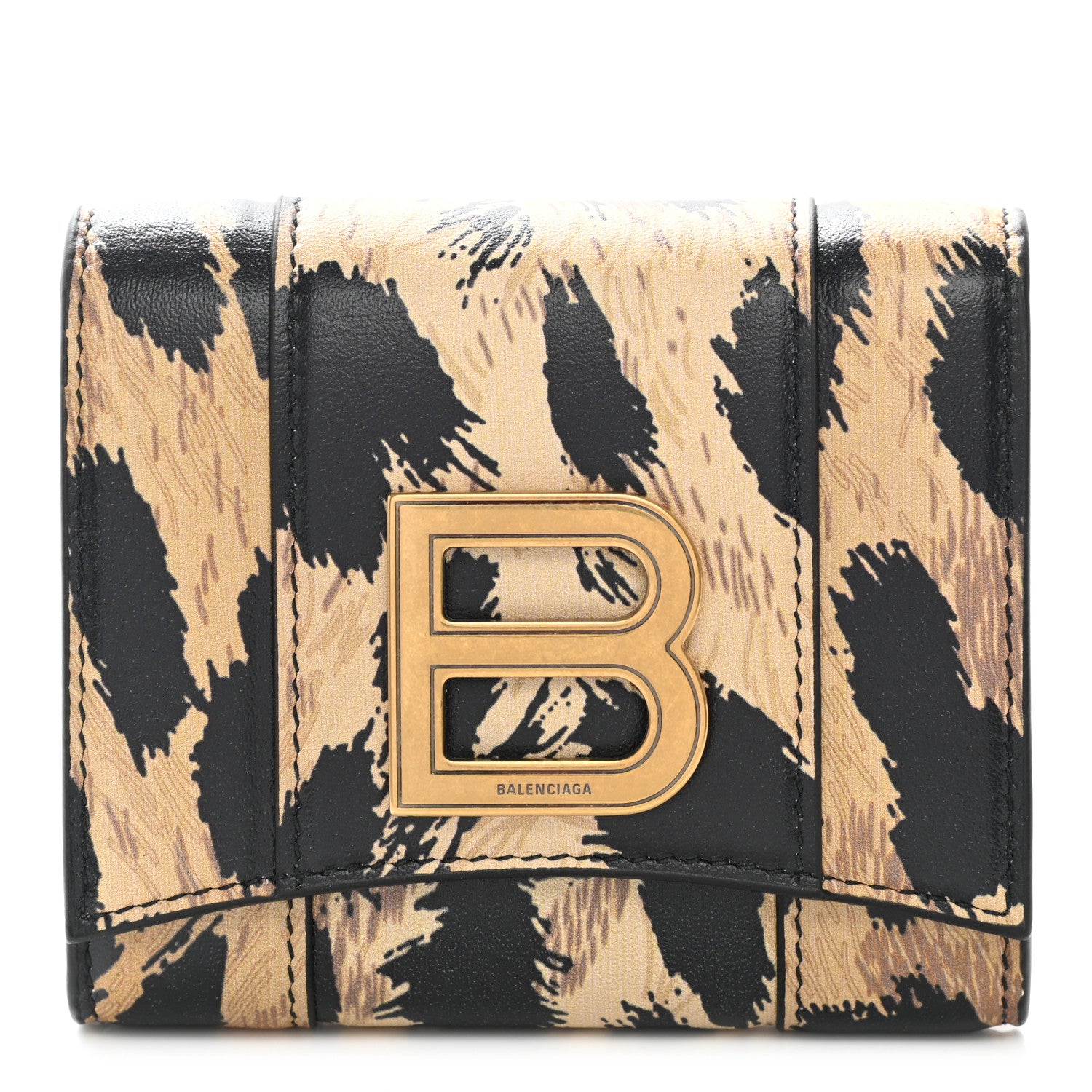 Balenciaga Smooth Calfskin Leopard Print Hourglass Compact Wallet Beige 1 of 8
