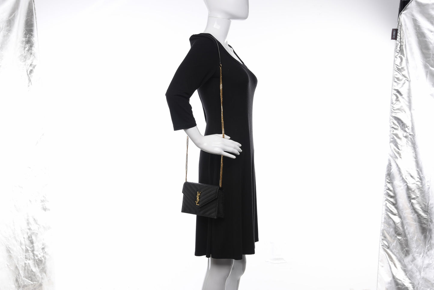 Grain De Poudre Matelasse Chevron Monogram Envelope Chain Wallet Black