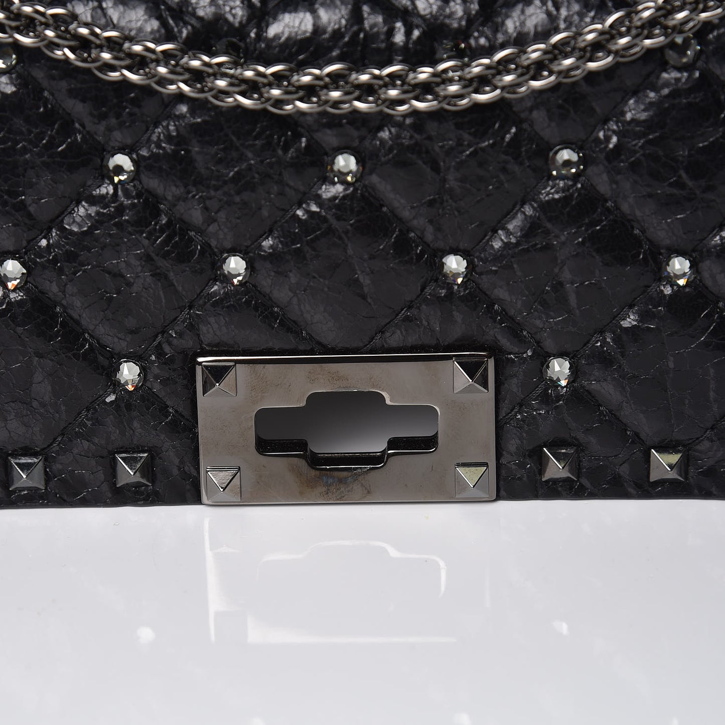 Craquele Nappa Crystal Embellished Medium Rockstud Spike Shoulder Bag Black