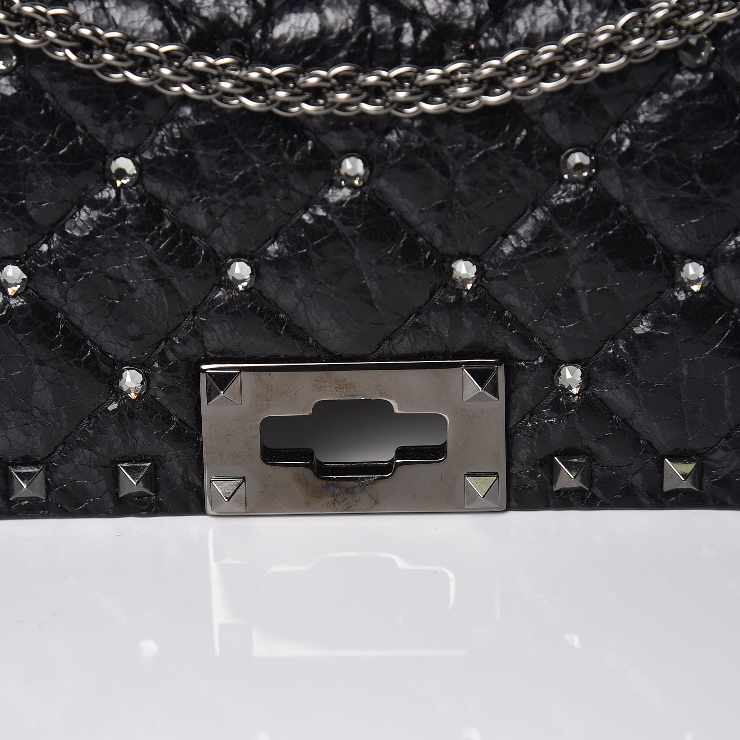 Valentino Garavani Craquele Nappa Crystal Embellished Medium Rockstud Spike Shoulder Bag Black 8 of 8