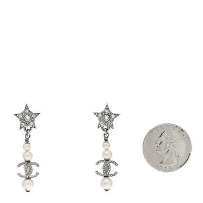 Chanel Crystal Pearl CC Star Drop Earrings Silver 2 of 4