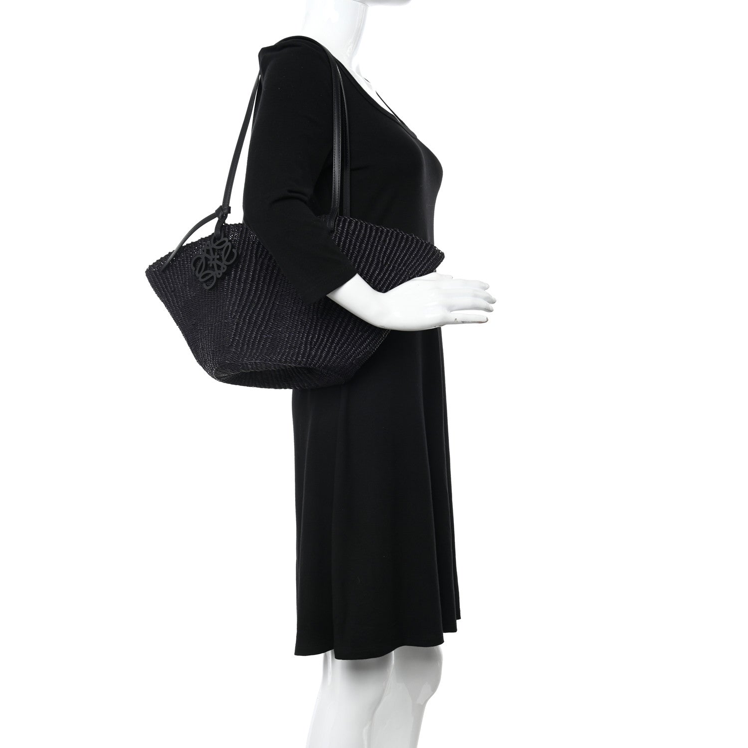 Loewe Calfskin Raffia Small Anagram Basket Tote Bag Black 2 of 8