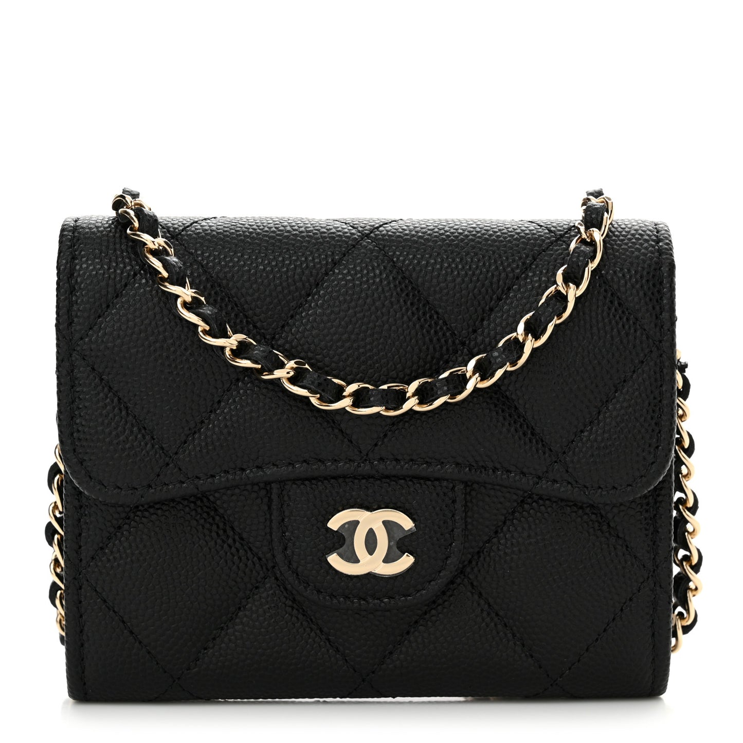 Caviar Quilted Flap Card Holder On Chain Black