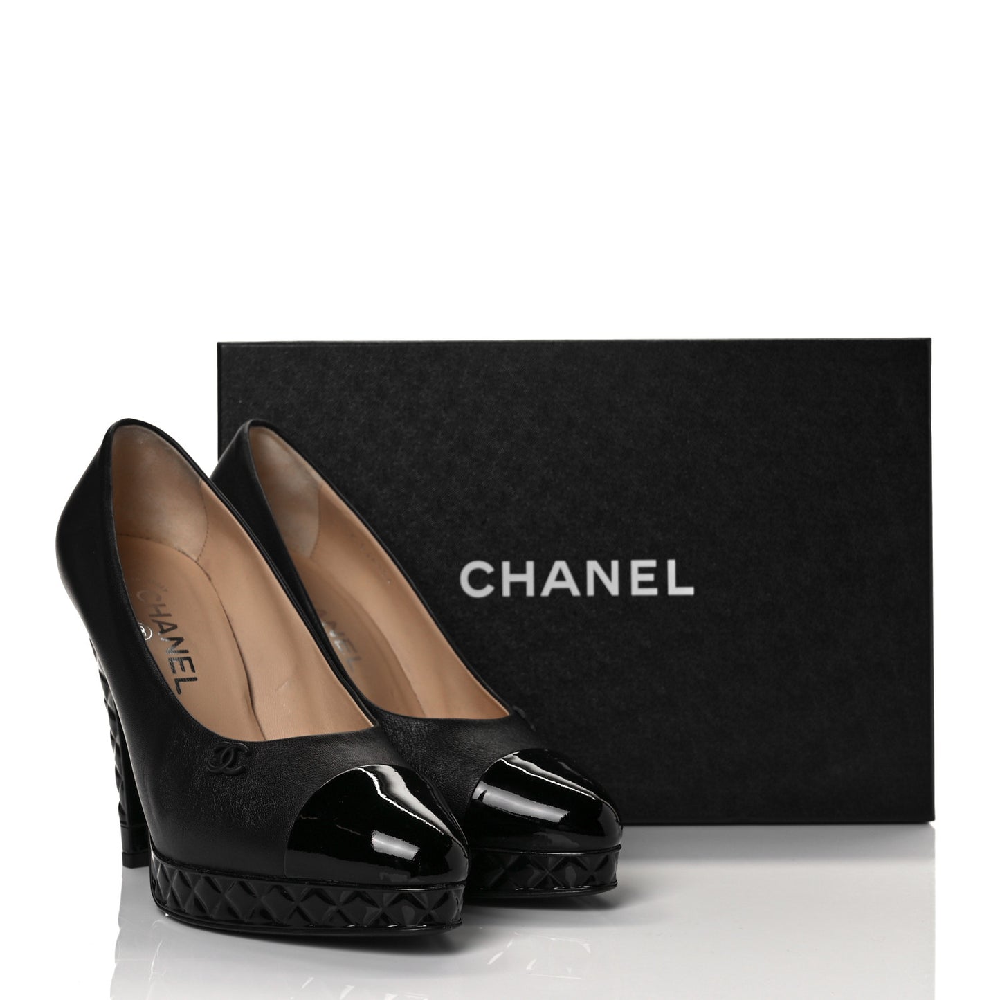 Lambskin Patent CC Cap Toe Platform Quilted Pumps 38.5 Black