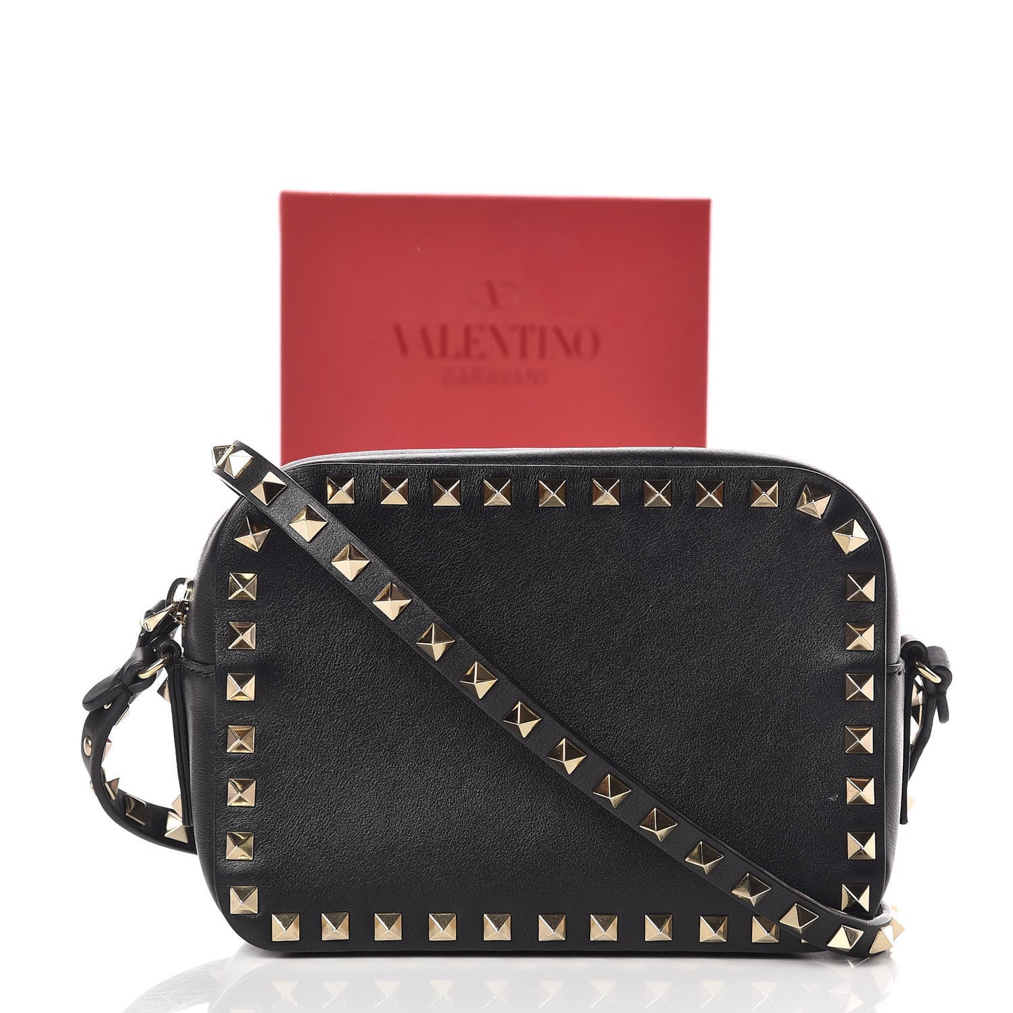 Calfskin Rockstud Camera Crossbody Bag Black