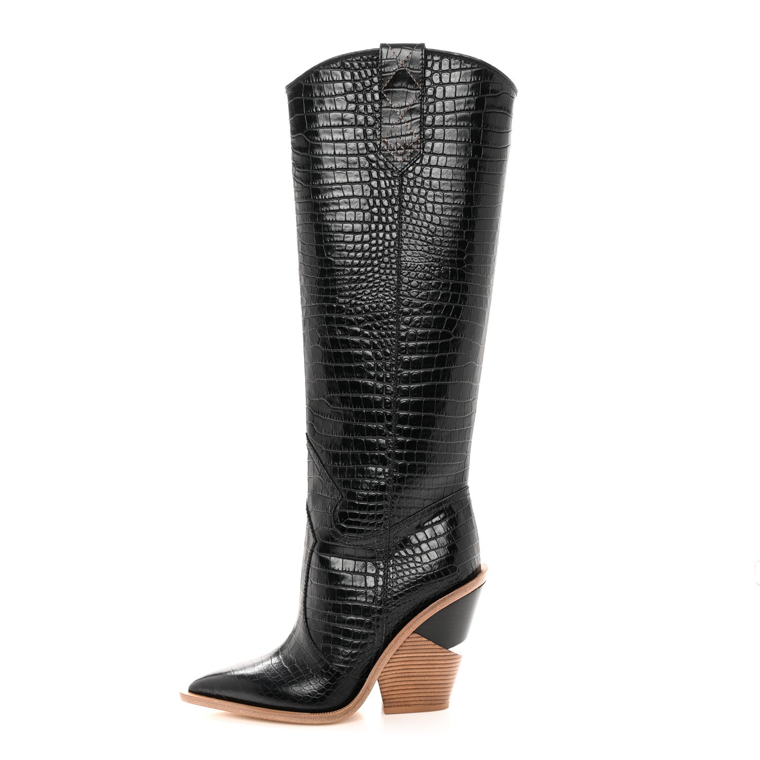 Fendi Calfskin Crocodile Embossed Cutwalk Tall Boots 38 Black 1 of 8
