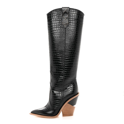 Fendi Calfskin Crocodile Embossed Cutwalk Tall Boots 38 Black 1 of 8