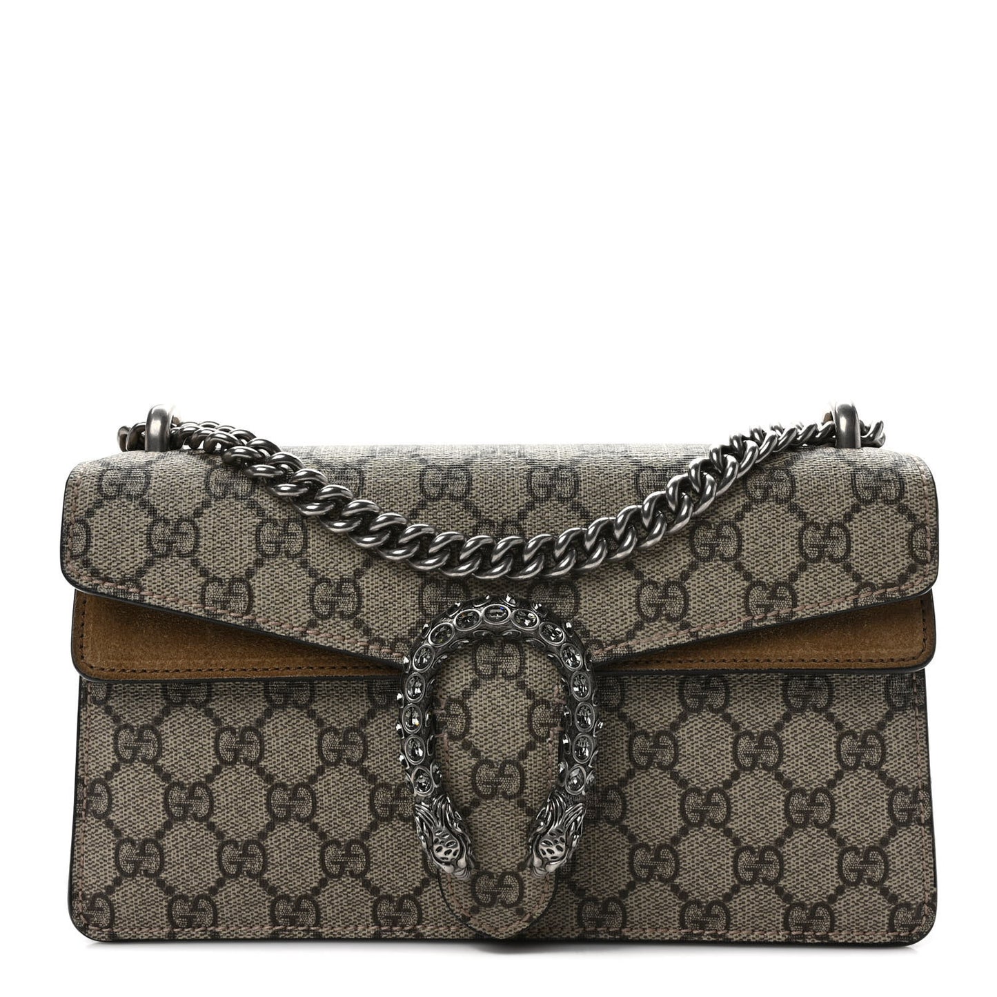GG Supreme Monogram Suede Crystal Small Dionysus Shoulder Bag Beige Ebony Taupe
