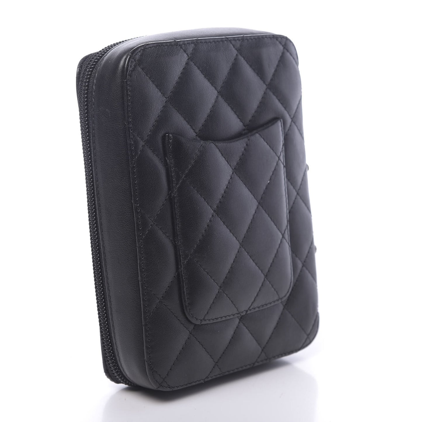 Calfskin Quilted Cambon Zip Around Cosmetic Pouch Black