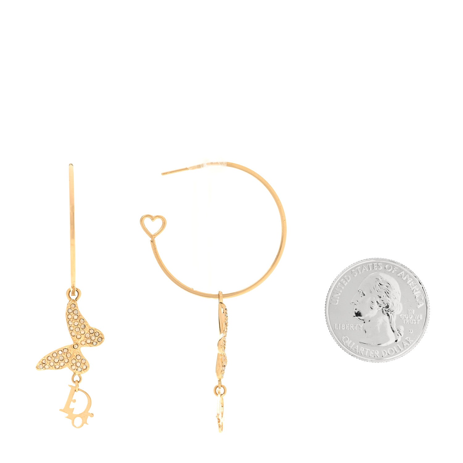 Christian Dior Metal Crystal Butterfly Logo Hoop Earrings Gold 2 of 6