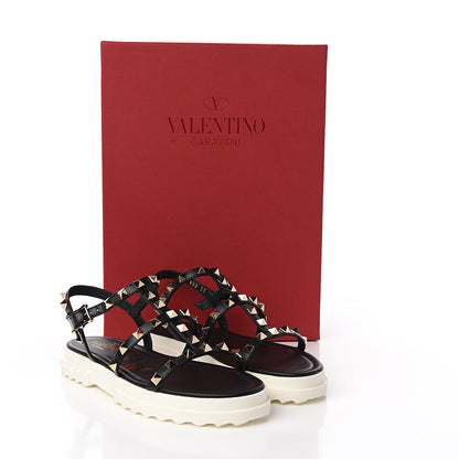 Valentino Garavani Calfskin Bedrock Rockstud Ankle Flat Sandals 35 Black 9 of 9