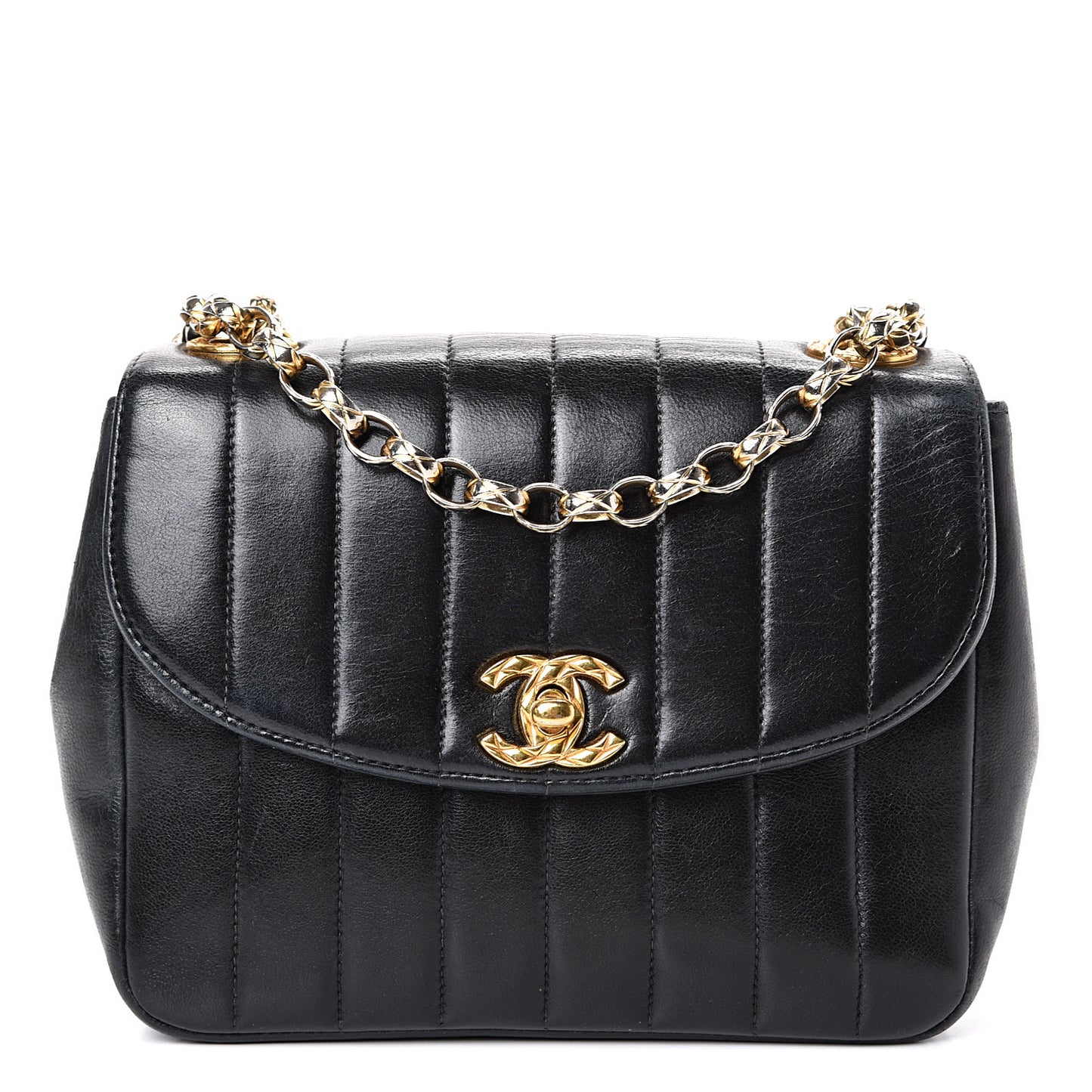 Lambskin Vertical Quilt Small Single Flap Black