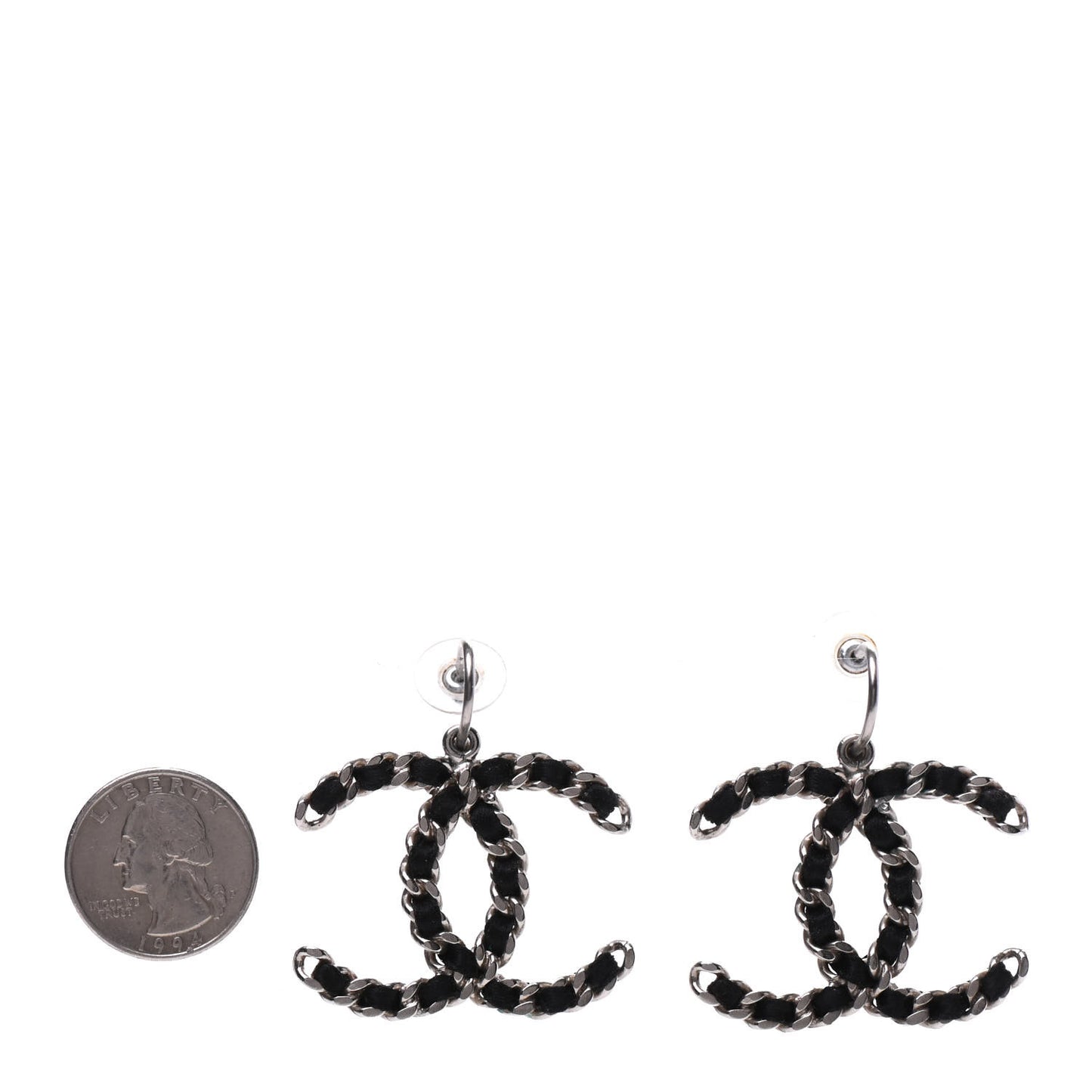 Satin CC Chain Earrings Silver Black