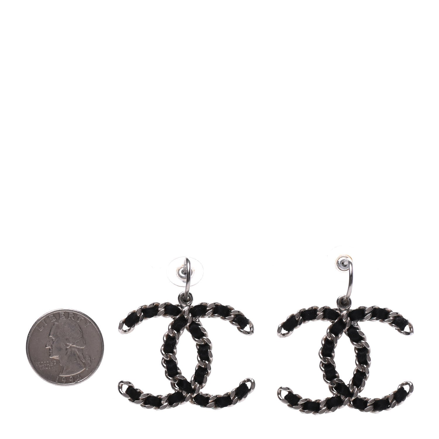 Chanel Satin CC Chain Earrings Silver Black 2 of 5