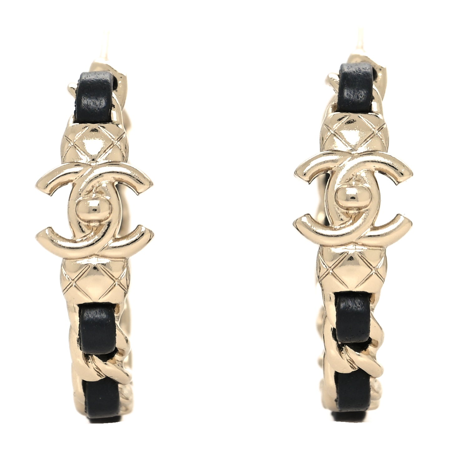 Metal Lambskin Quilted CC Turnlock Chain Hoop Earrings Gold Black