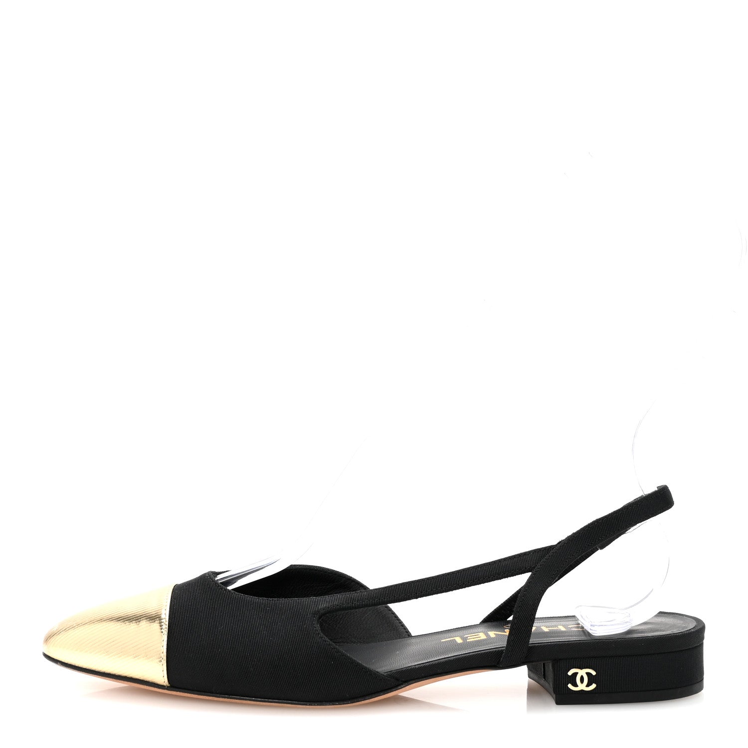 Chanel Laminated Lambskin Grosgrain Cap Toe CC Slingback Flats 37.5 Black Gold 1 of 9