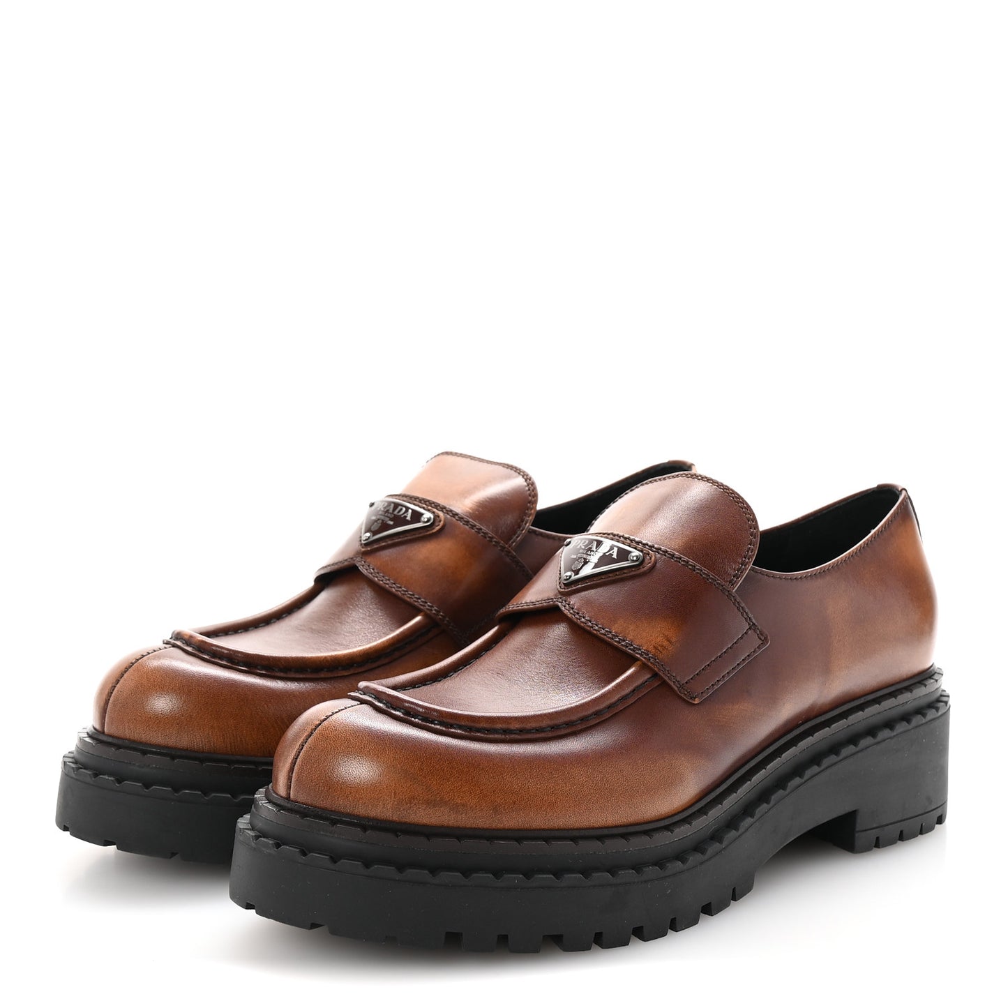 Spazzolato Triangle Logo Monolith Pointy 55mm Loafers 41 Cognac