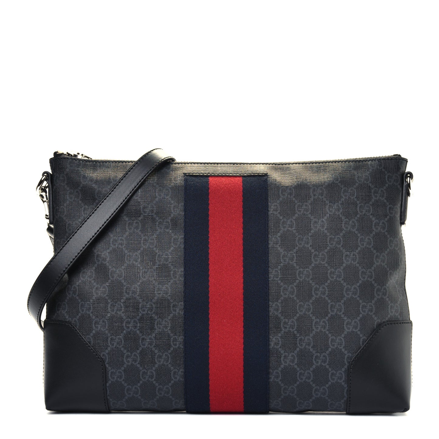 Soft GG Supreme Monogram Appia Calfskin Web East West Messenger Bag Black Grey
