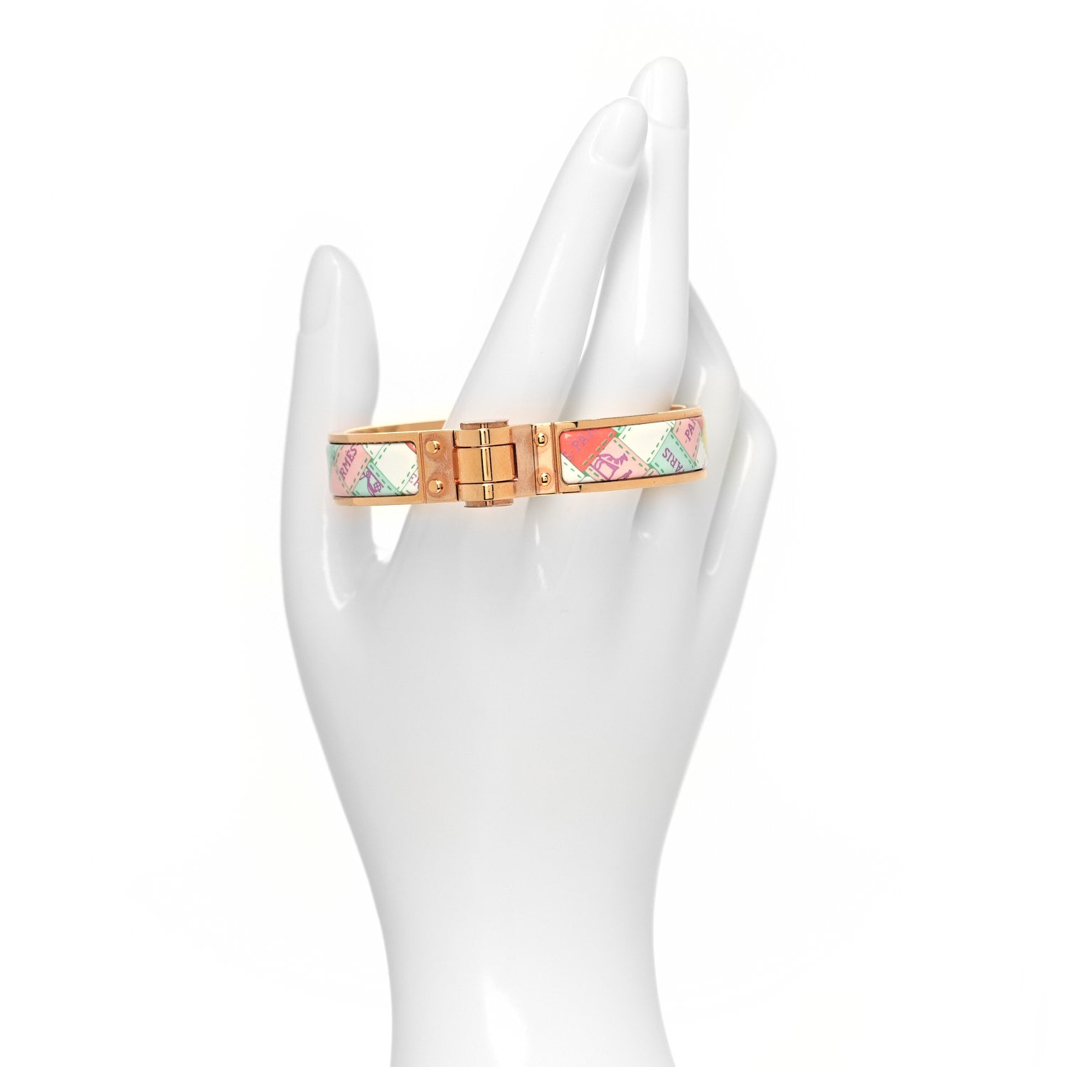 Hermes Enamel Printed Narrow Bolduc Au Carre Hinged Bracelet S Romantique 2 of 6