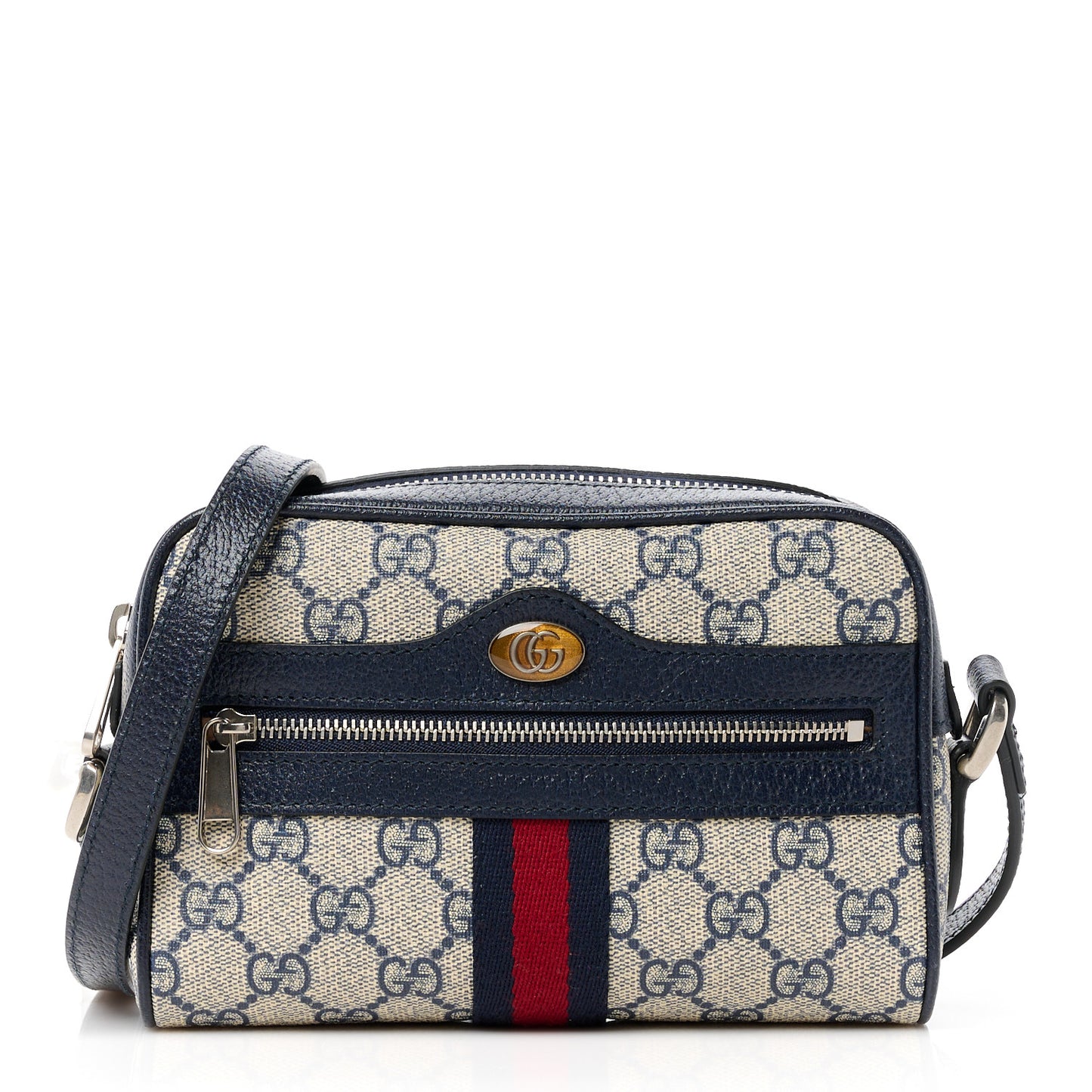 GG Supreme Monogram Textured Dollar Calfskin Web Mini Ophidia Shoulder Bag Beige Blue