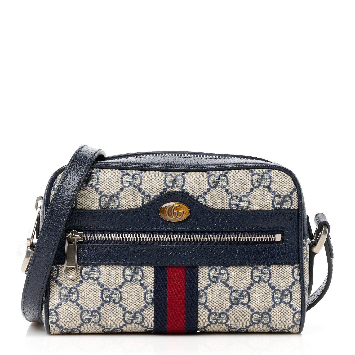 Gucci GG Supreme Monogram Textured Dollar Calfskin Web Mini Ophidia Shoulder Bag Beige Blue 1 of 10