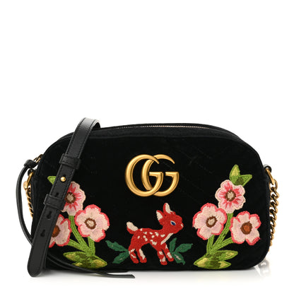 Gucci Velvet Matelasse Deer Embroidered Small GG Marmont Chain Shoulder Bag Black 1 of 11