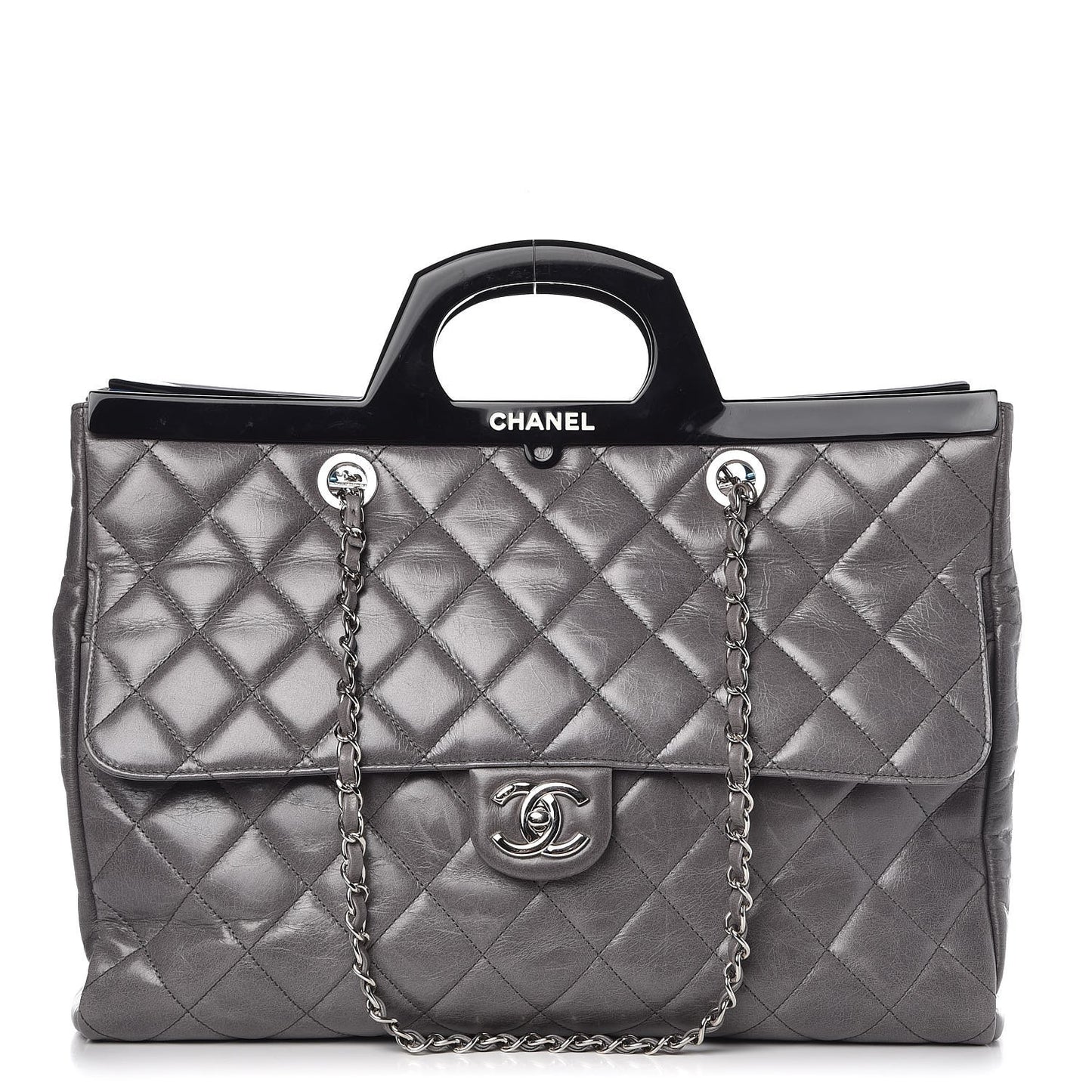 Glazed Calfskin Quilted Large CC Delivery Tote Grey