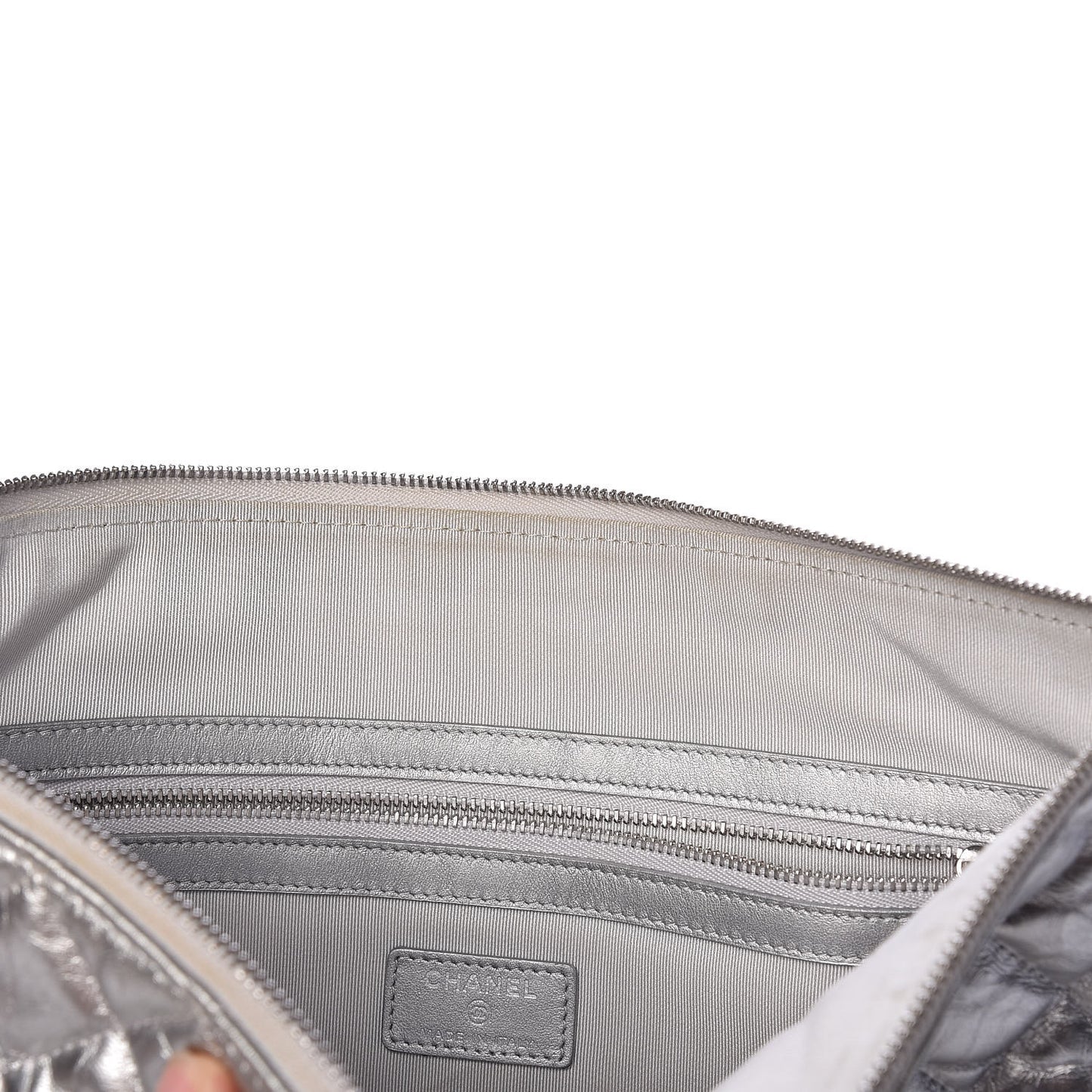 Metallic Calfskin Quilted Large Cosmo Cosmetic Case Silver