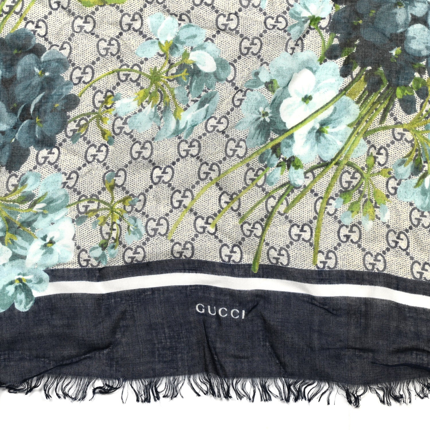 Gucci Modal Silk Monogram New Bloom GG Square Scarf Midnight Blue Sky Blue 2 of 6