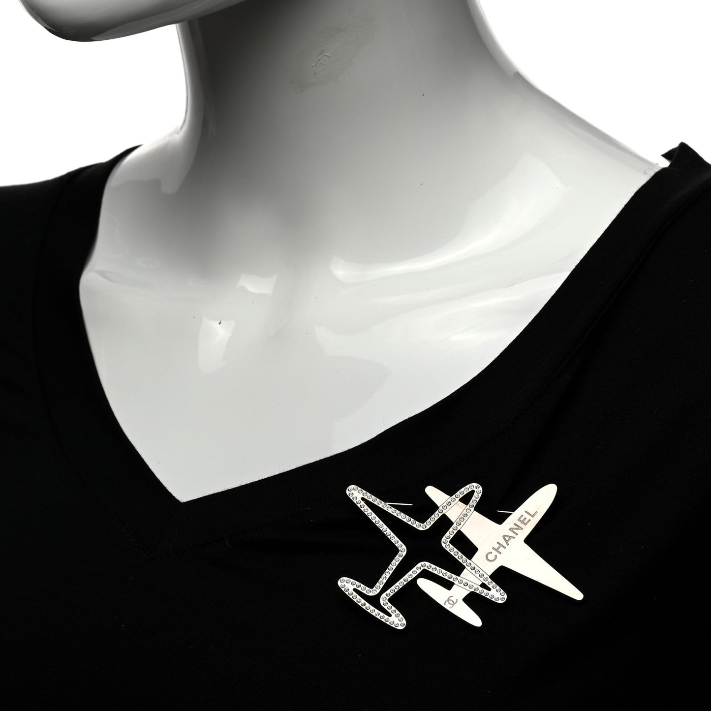 Crystal Metal CC Airplane Brooch Silver