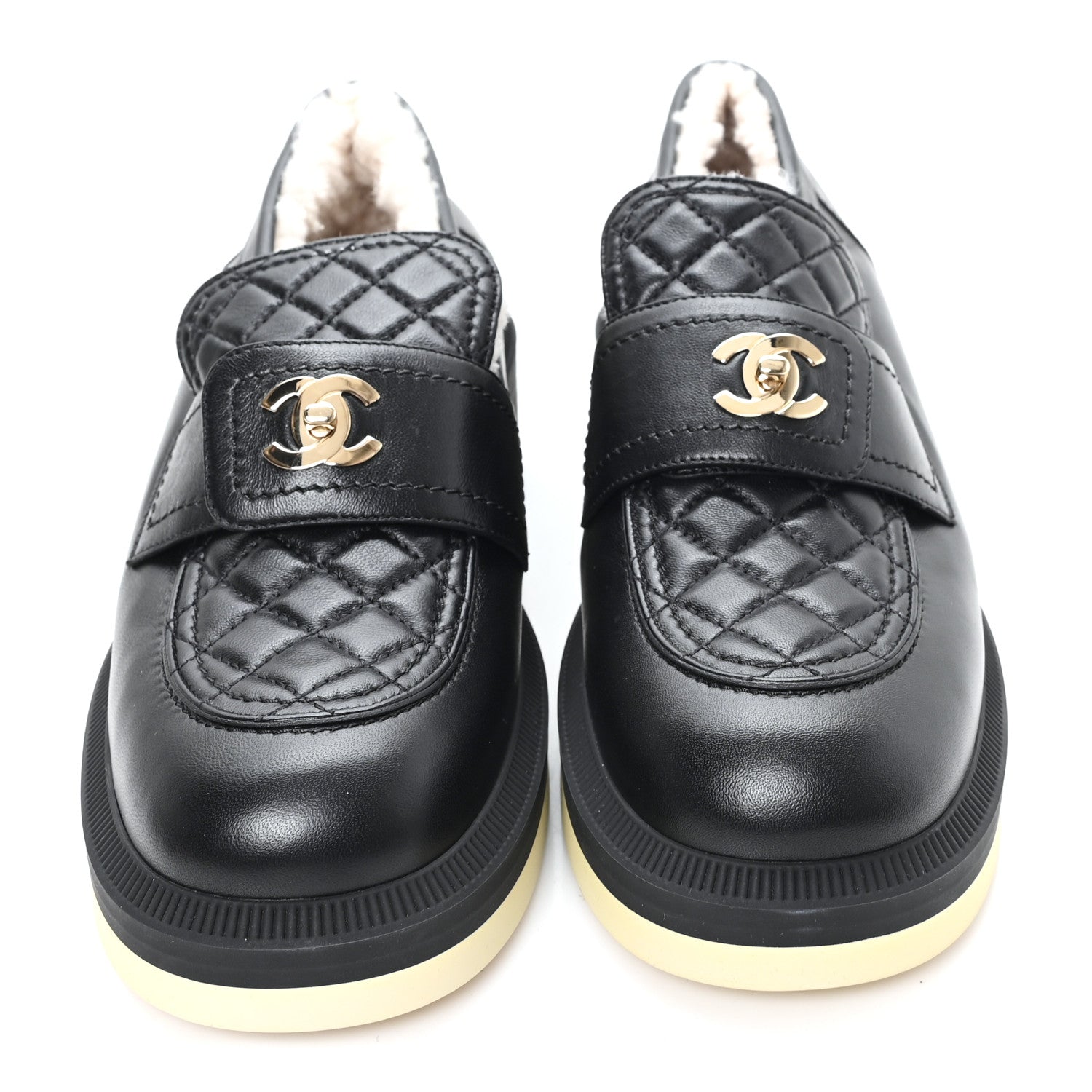 Chanel Lambskin Shearling Quilted CC Turnlock Loafers 39 Black 3 of 8