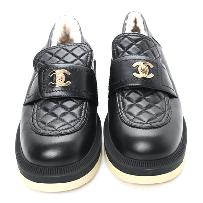 Chanel Lambskin Shearling Quilted CC Turnlock Loafers 39 Black 3 of 8