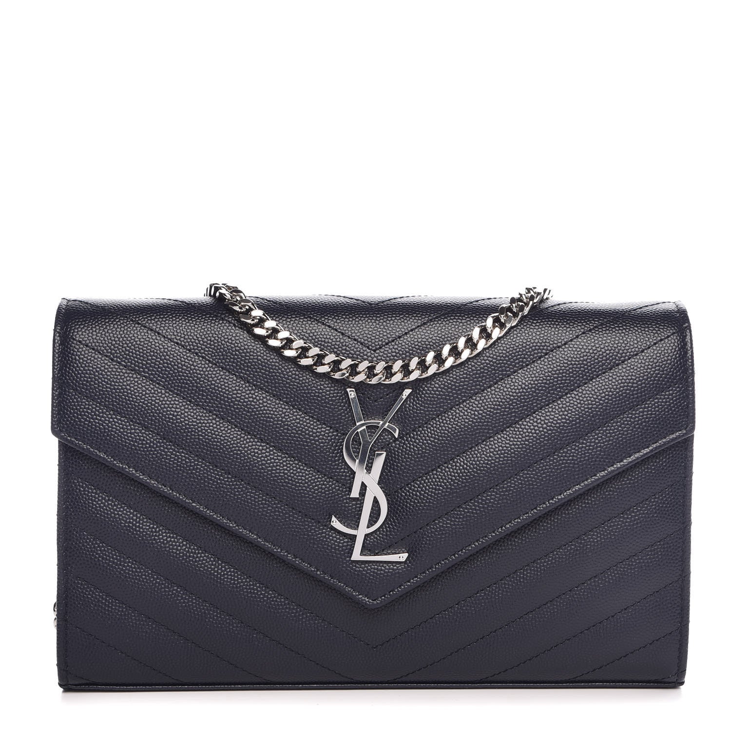 Saint Laurent Grain De Poudre Matelasse Chevron Monogram Chain Wallet Navy 1 of 6