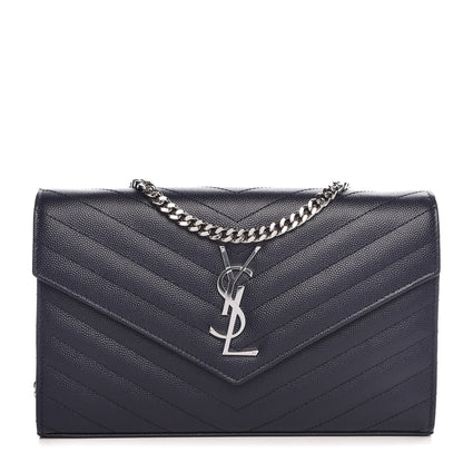 Saint Laurent Grain De Poudre Matelasse Chevron Monogram Chain Wallet Navy 1 of 6