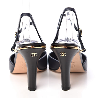 Chanel Lambskin Cap Toe CC Ankle Strap Pumps 37 Navy Black 12 of 13