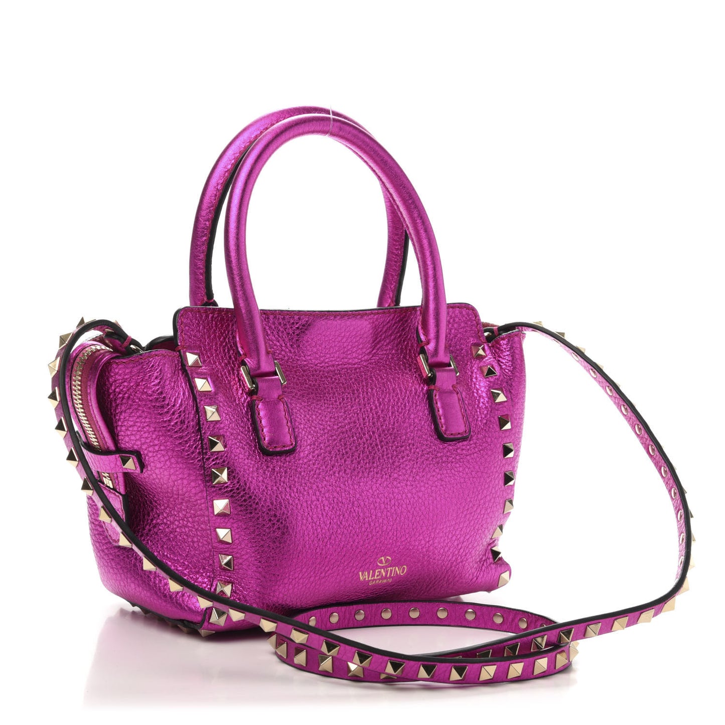Metallic Grained Calfskin Mini Rockstud Double Handle Tote Peony