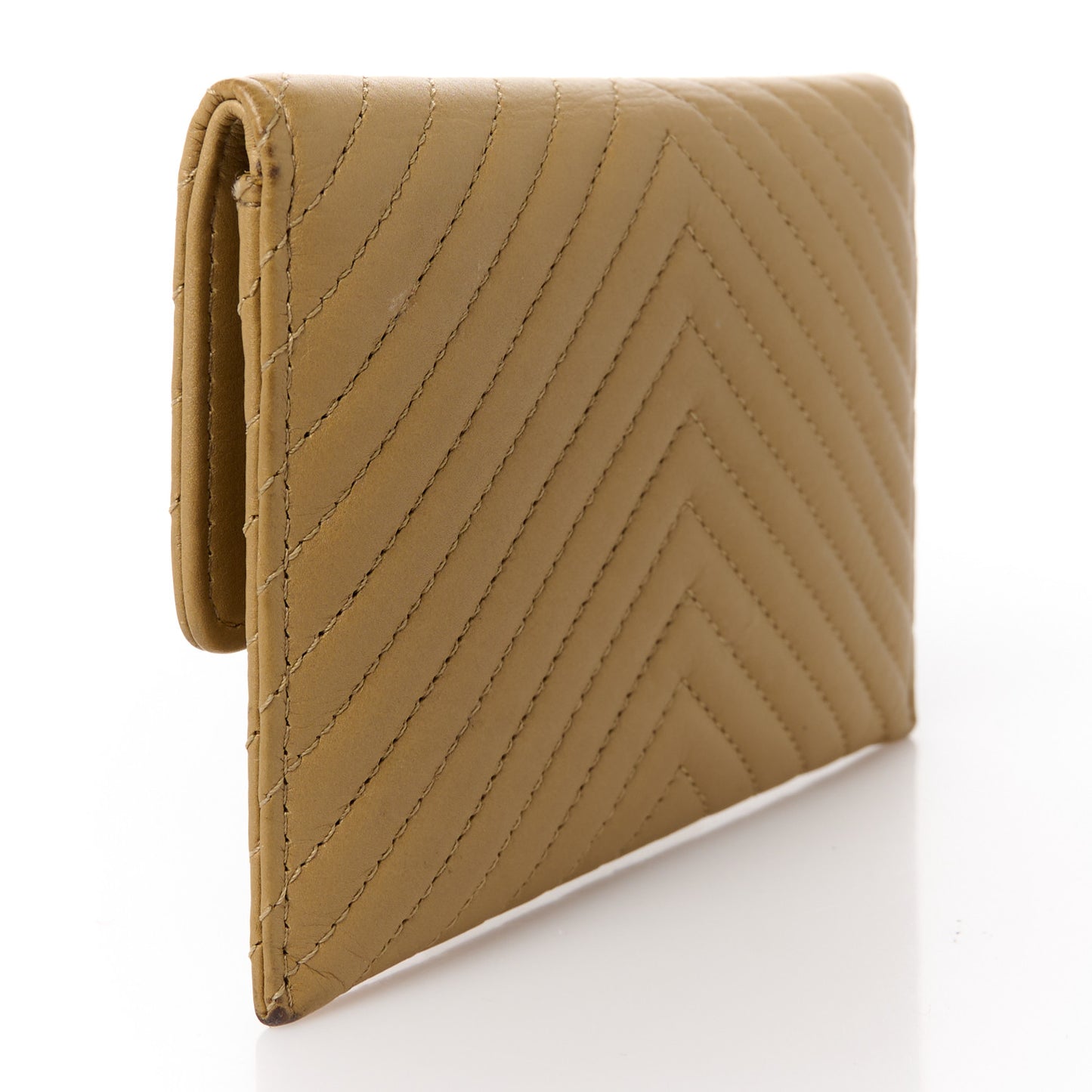 Aged Calfskin Chevron Quilted Flap Card Holder Beige