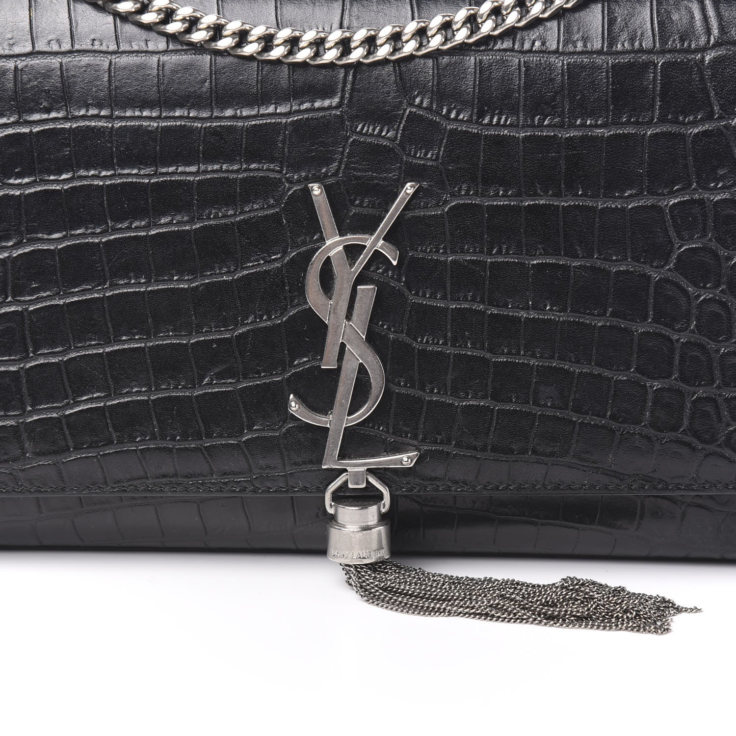 Saint Laurent Calfskin Crocodile Embossed Medium Classic Monogram Kate Tassel Satchel Black 9 of 10