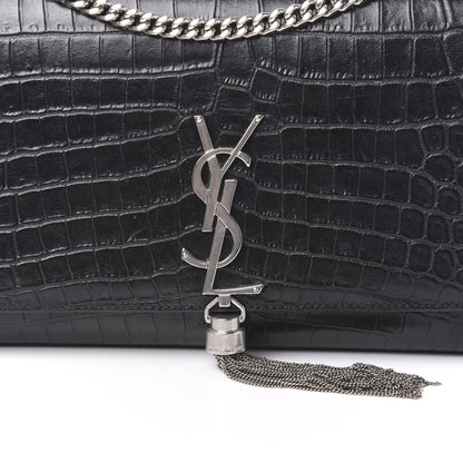 Saint Laurent Calfskin Crocodile Embossed Medium Classic Monogram Kate Tassel Satchel Black 9 of 10