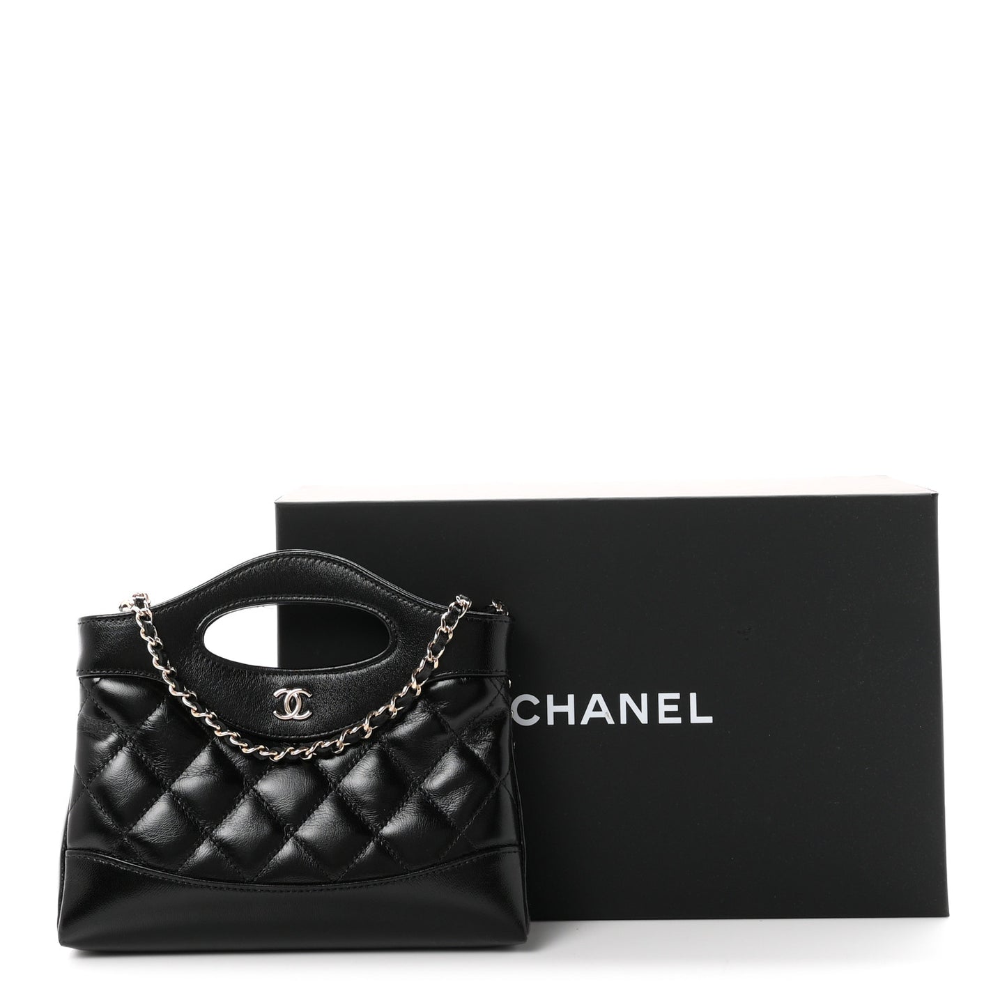 Shiny Crumpled Calfskin Quilted Nano 31 Shopping Bag Black