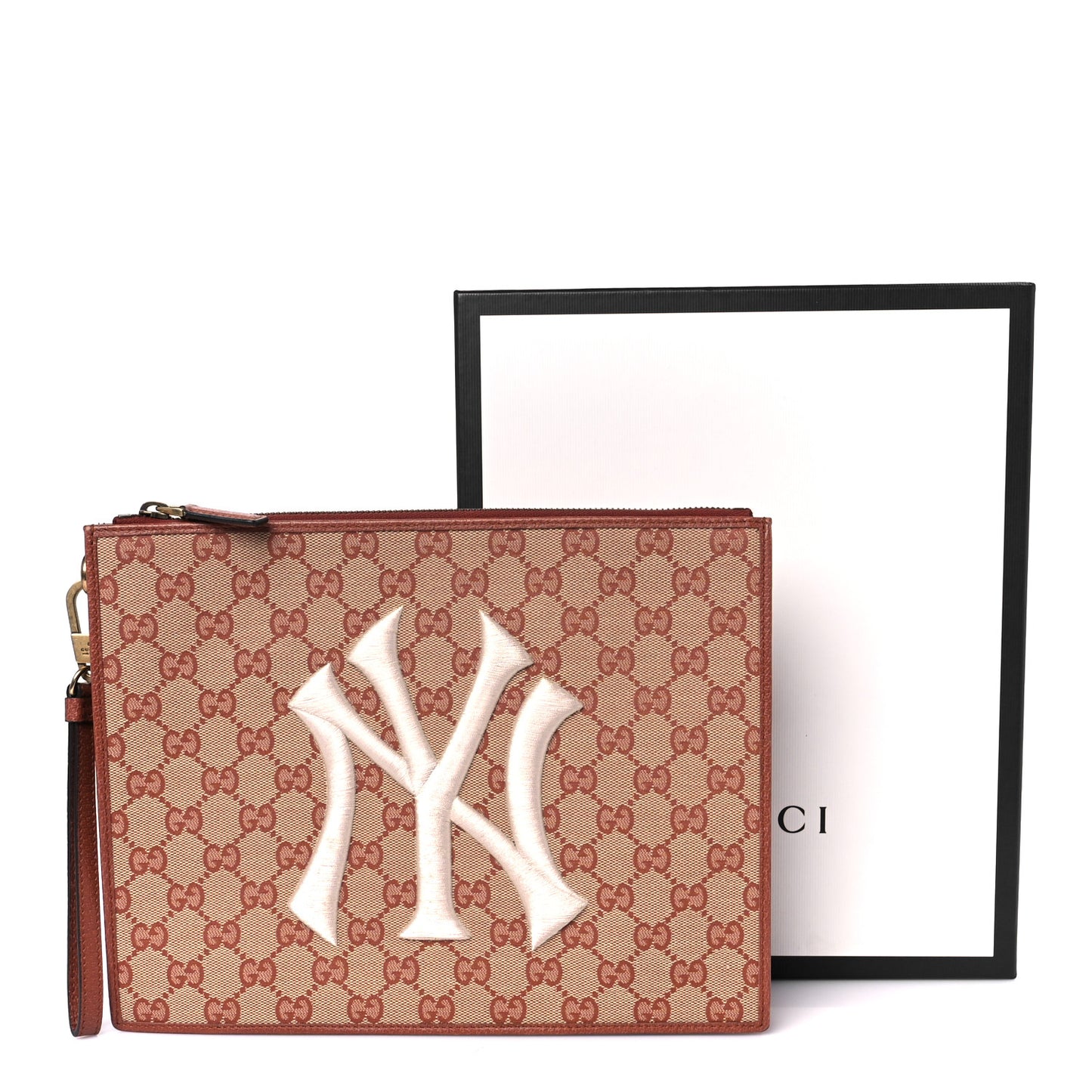 X MLB GG Monogram NY Yankees Zip Wristlet Pouch Beige Ruggine Ivory