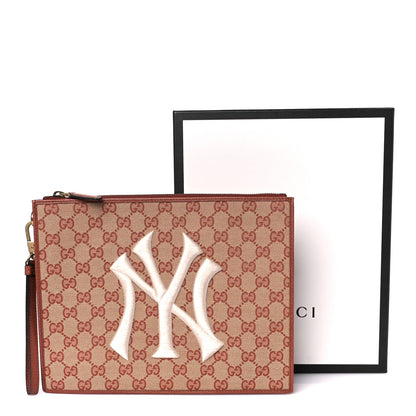 Gucci X MLB GG Monogram NY Yankees Zip Wristlet Pouch Beige Ruggine Ivory 10 of 10