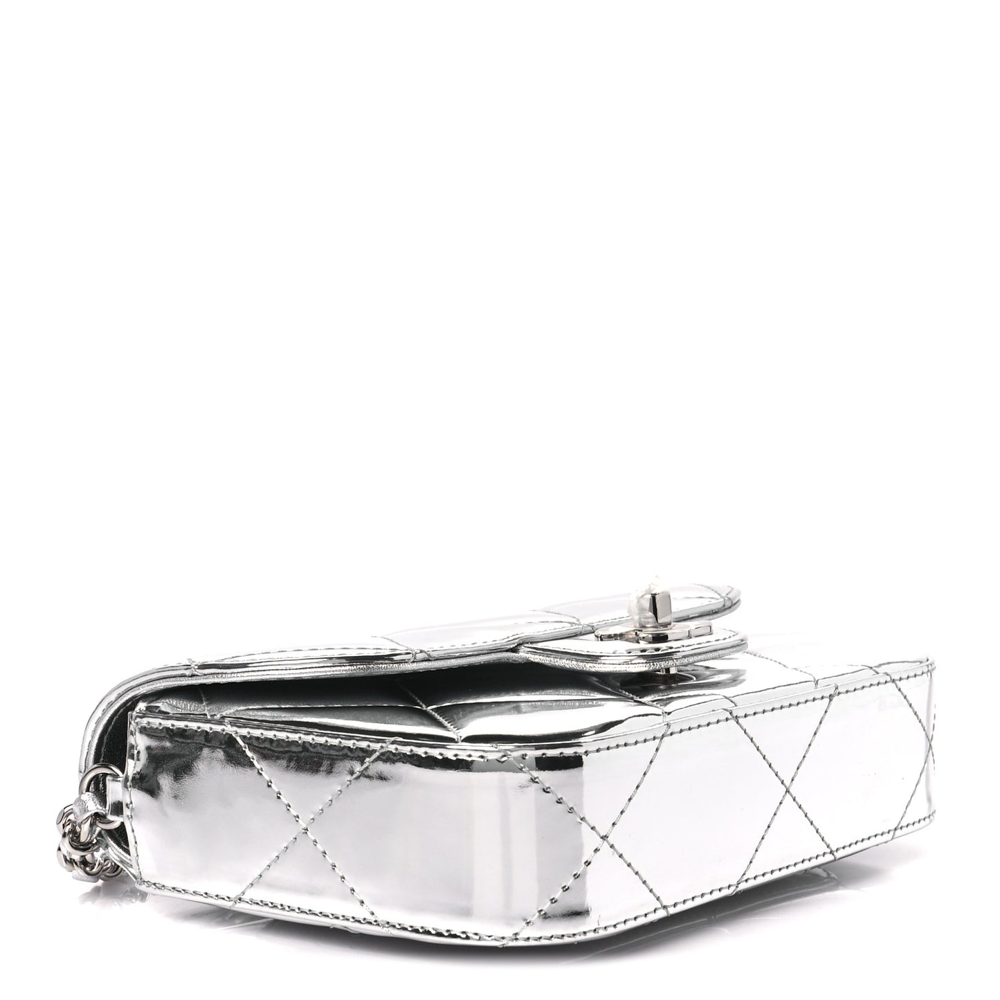 Mirror Calfskin Small Top Handle Clutch With Chain Silver
